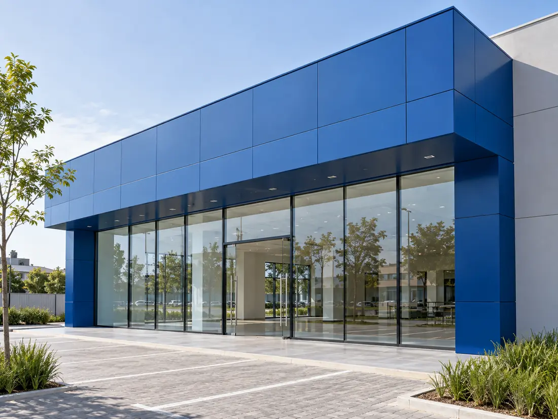 Fachada em ACM azul instalada em loja