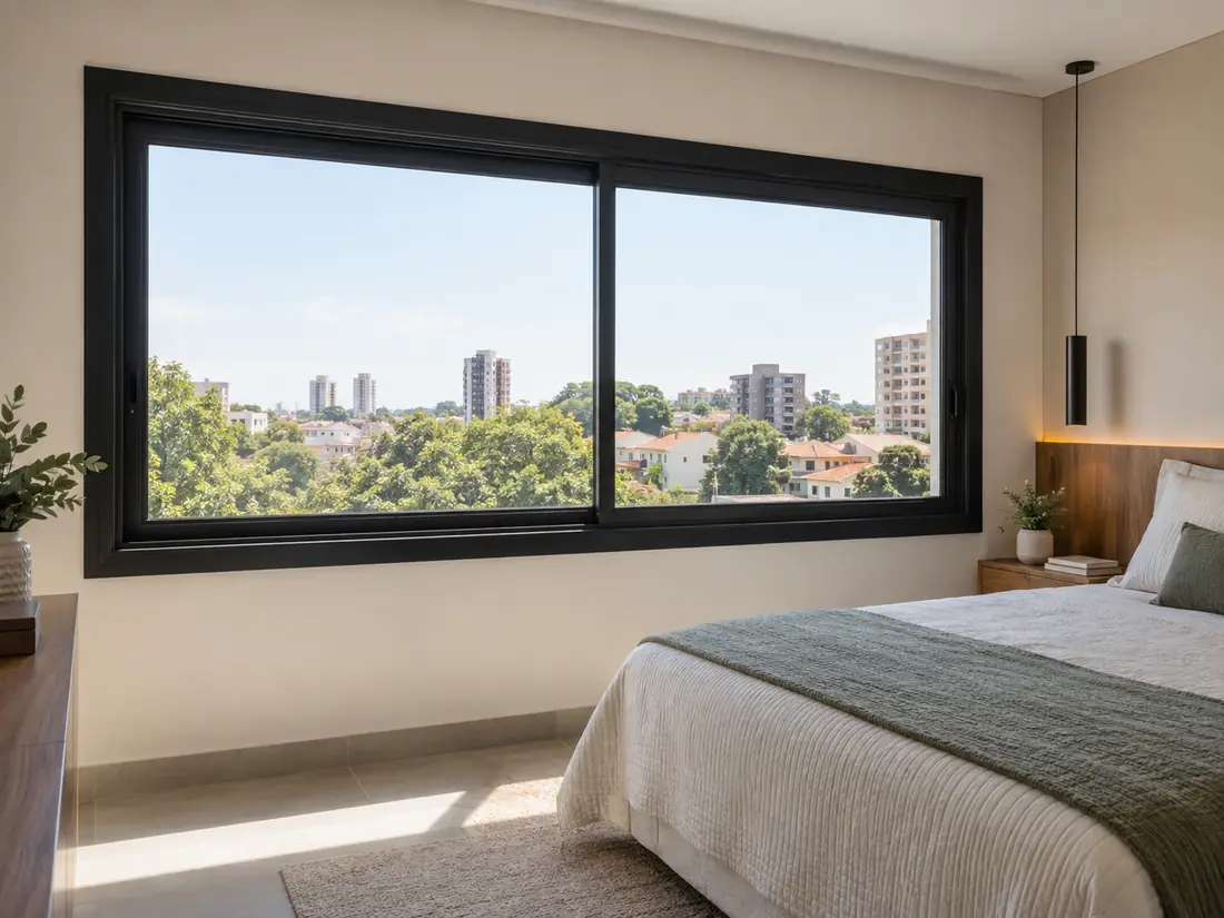 Janela de alumínio de correr instalada em quarto